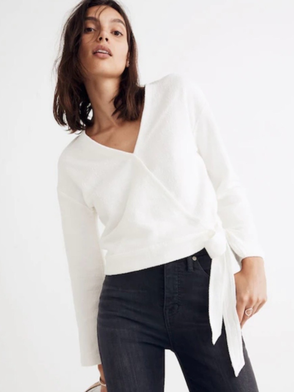 NWOT MADEWELL Texture & Thread Wrap Top White Wrap Tie Sweater - Women